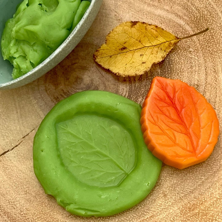 Two leaf-shaped stones, one green and one orange, displayed on a wood slice 