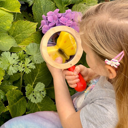 Child using a magnifying glass to examine a flower in a garden