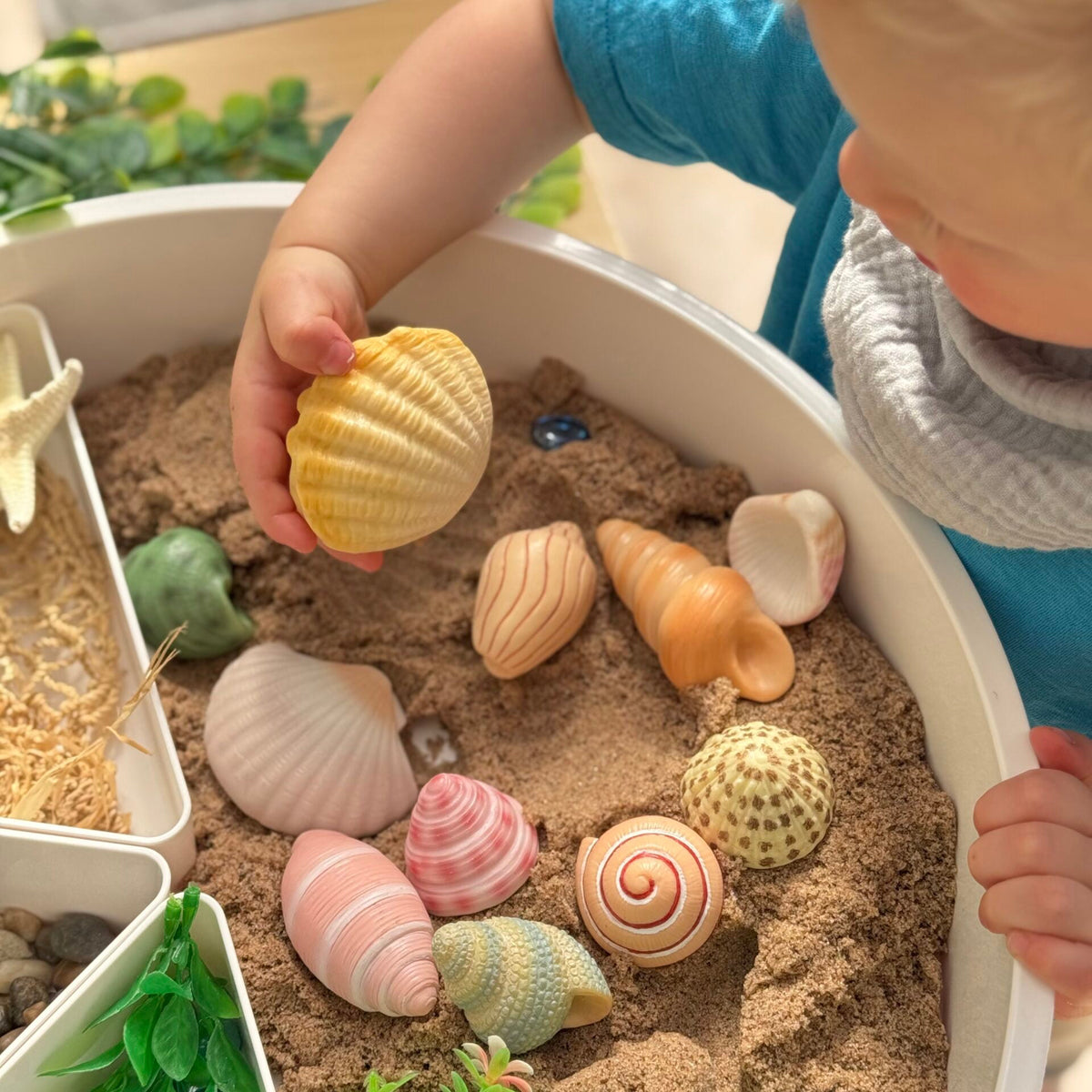 A young child in a blue shirt and gray bib reaches into a white sensory bin filled with sand and decorative seashells and small green plants.