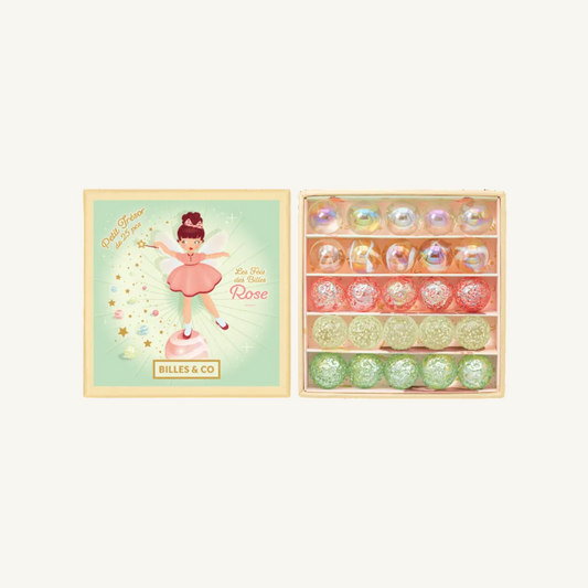 Billes & Co. Rose Fairy-themed small marble set in a tray with a matching illustrated lid, shown on a white background.