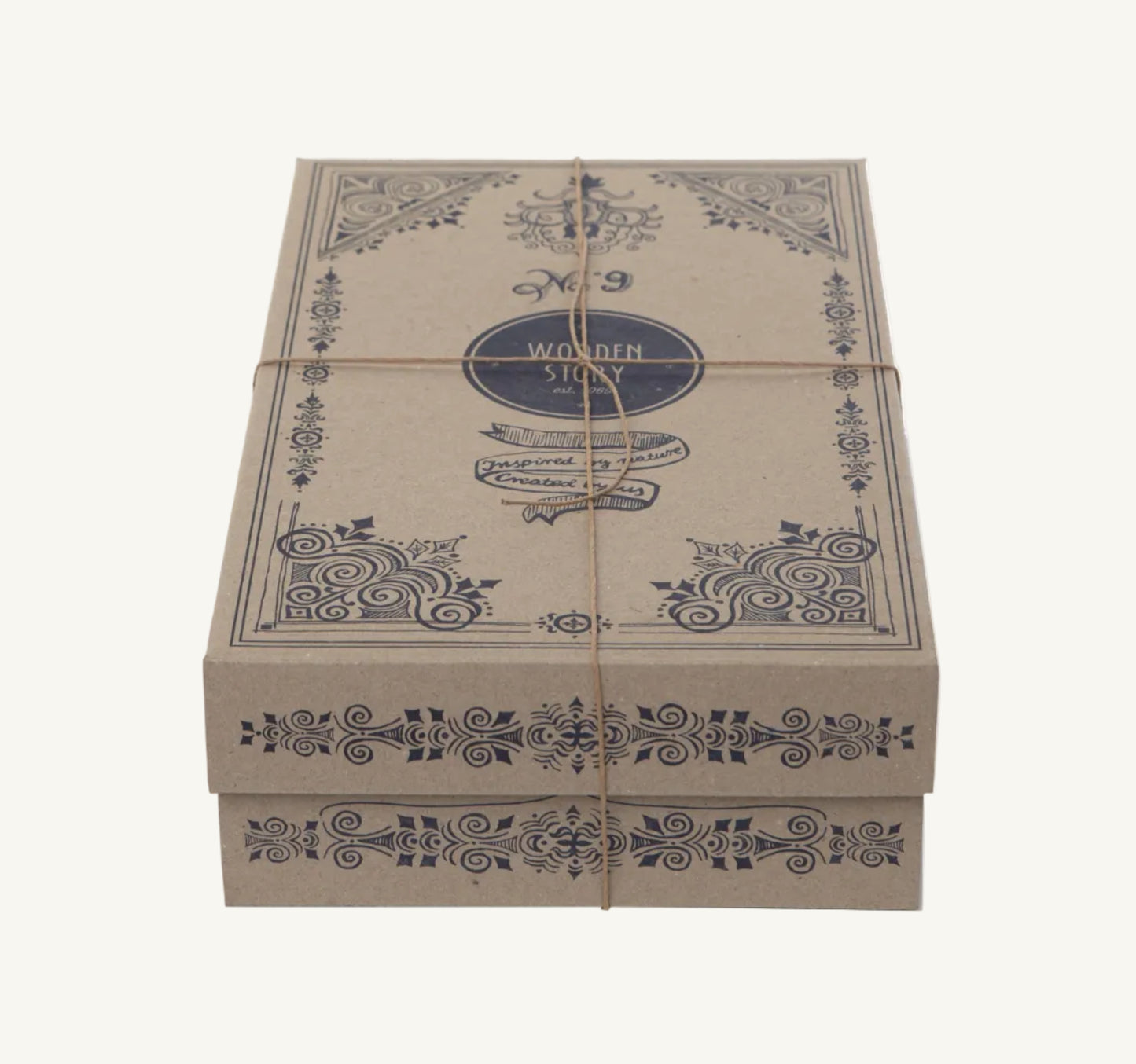 Decorative cardboard box with intricate patterns and 'Wooden Story' branding on a white background