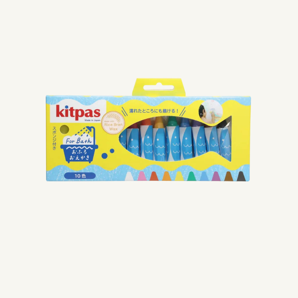 Kitpas bath crayons packaging with colorful crayons inside on a white background