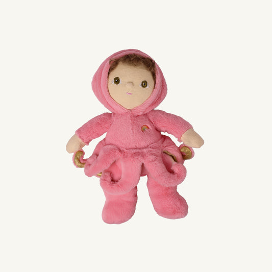 A plush Octopus doll with a soft pink hooded onesie, brown yarn hair, and embroidered gold accents, centered on a plain off-white background.