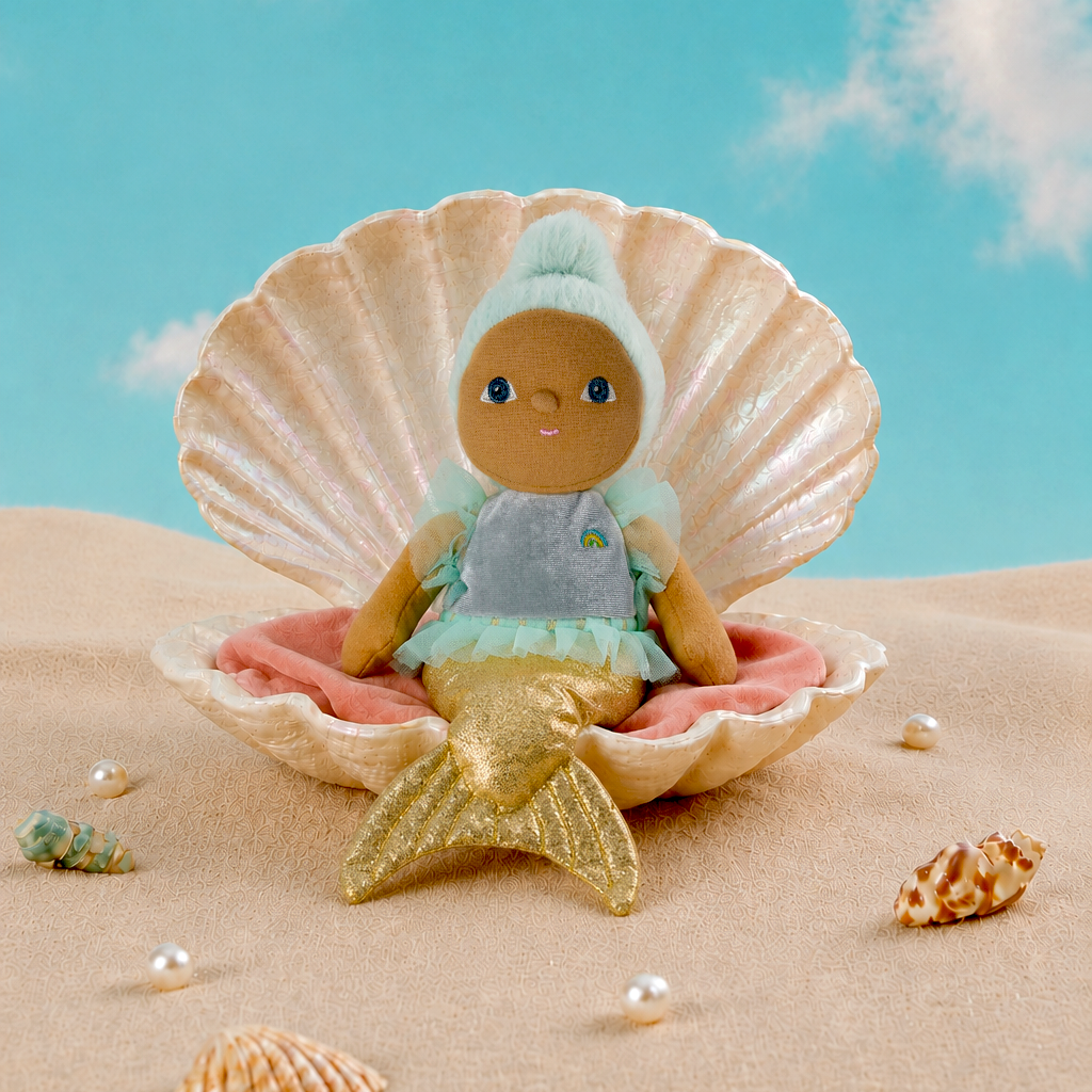 Little Dinky Dinkum soft doll mermaid with blue hair and gold tail