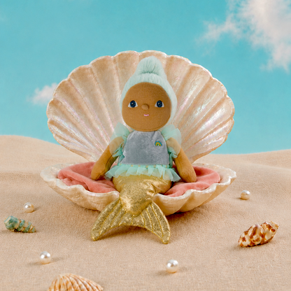 Little Dinky Dinkum soft doll mermaid with blue hair and gold tail