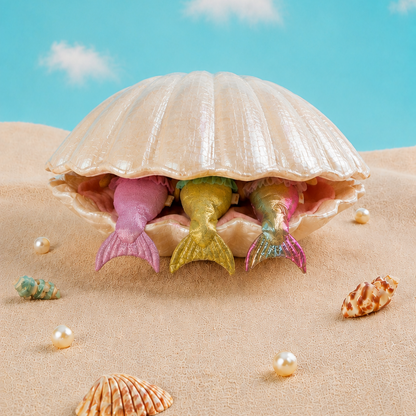 A large beige seashell on a sandy beach with a bright blue sky and clouds in the background. Three small mermaid figurines with pink, yellow, and purple tails peek out from inside the shell.