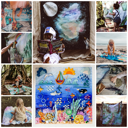 Collage of children playing with Wonderie play cloths in various settings
