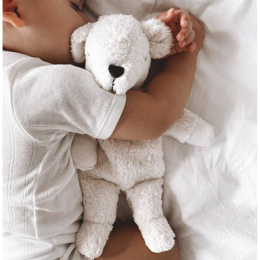 Child holding a polar bear plush cuddly toy  on a bed