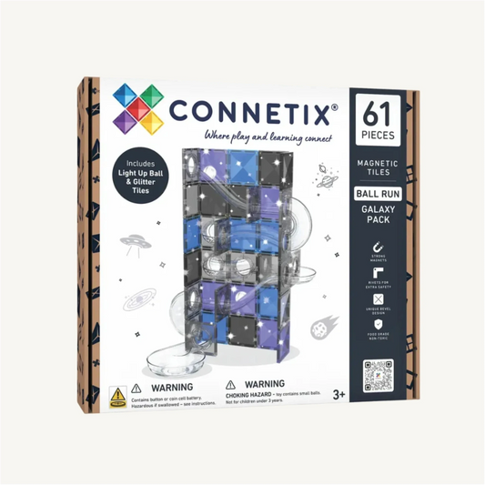 Connetix Galaxy Pack Ball Run magnetic tiles set in its retail packaging, featuring a white box with brown wood-grain side panels, a colorful logo, and product details including '61 PIECES' and 'MAGNETIC TILES'.