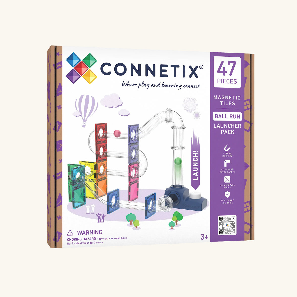 Connetix Ball Run Launcher Pack toy box, featuring a purple and white design with illustrations of magnetic tiles and a marble run setup, on a light cream background.