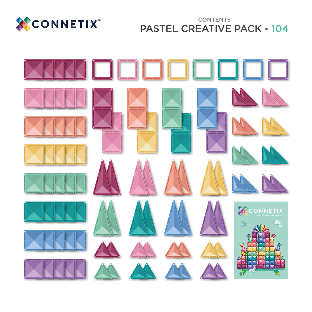 Connetix Pastel Creative Pack contents sheet showing 104 pastel-colored geometric building block pieces arranged in rows on a white background, with the Connetix logo and a small cover preview in the lower right.