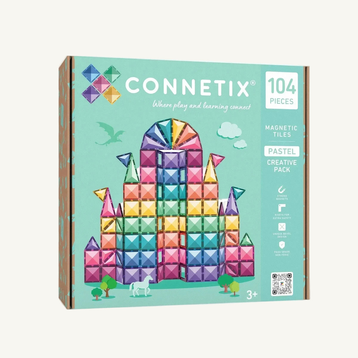 Connetix Pastel Creative Pack magnetic tiles box, featuring a colorful illustration of a castle built from pastel-colored tiles on a mint green background.