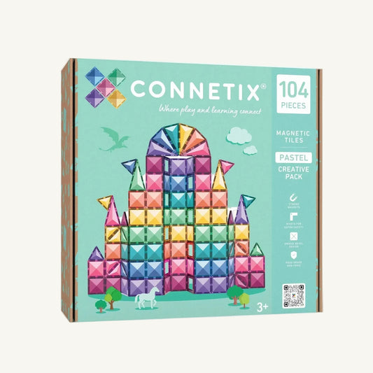 Connetix Pastel Creative Pack magnetic tiles box, featuring a colorful illustration of a castle built from pastel-colored tiles on a mint green background.