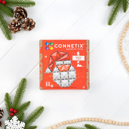 CONNETIX Magnetic tiles Christmas Santa Pack Box on white background with christmas decorations